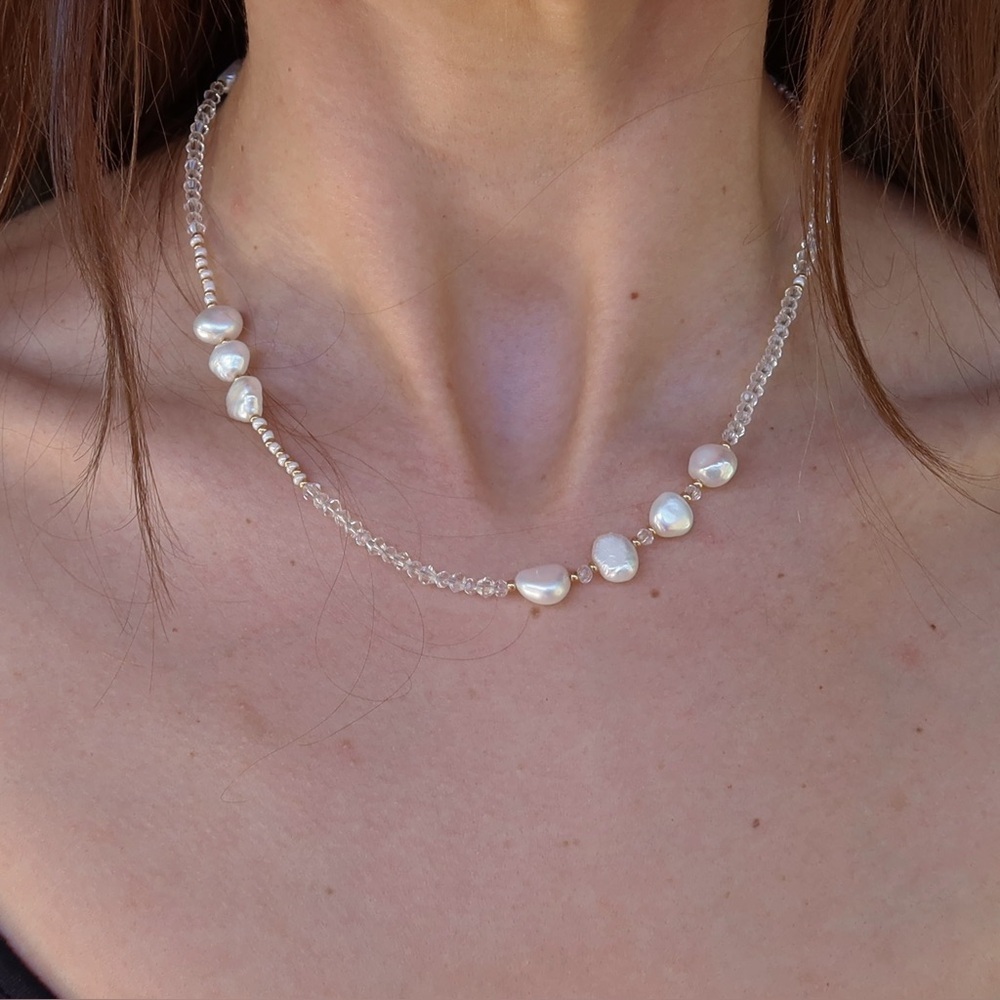 Handmade Freshwater Pearl & Clear Quartz Necklace | Gold Detail |